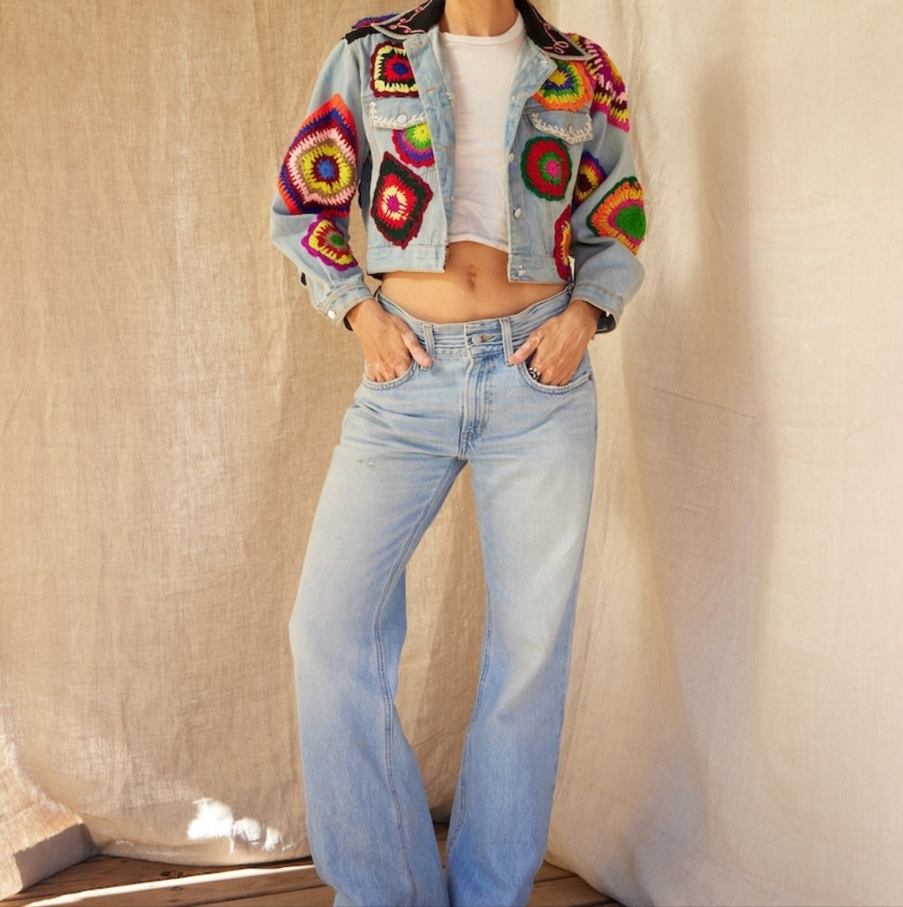Vintage 80’s JouJou America’s Favorite Rainbow Cropped Crochet Denim Jacket